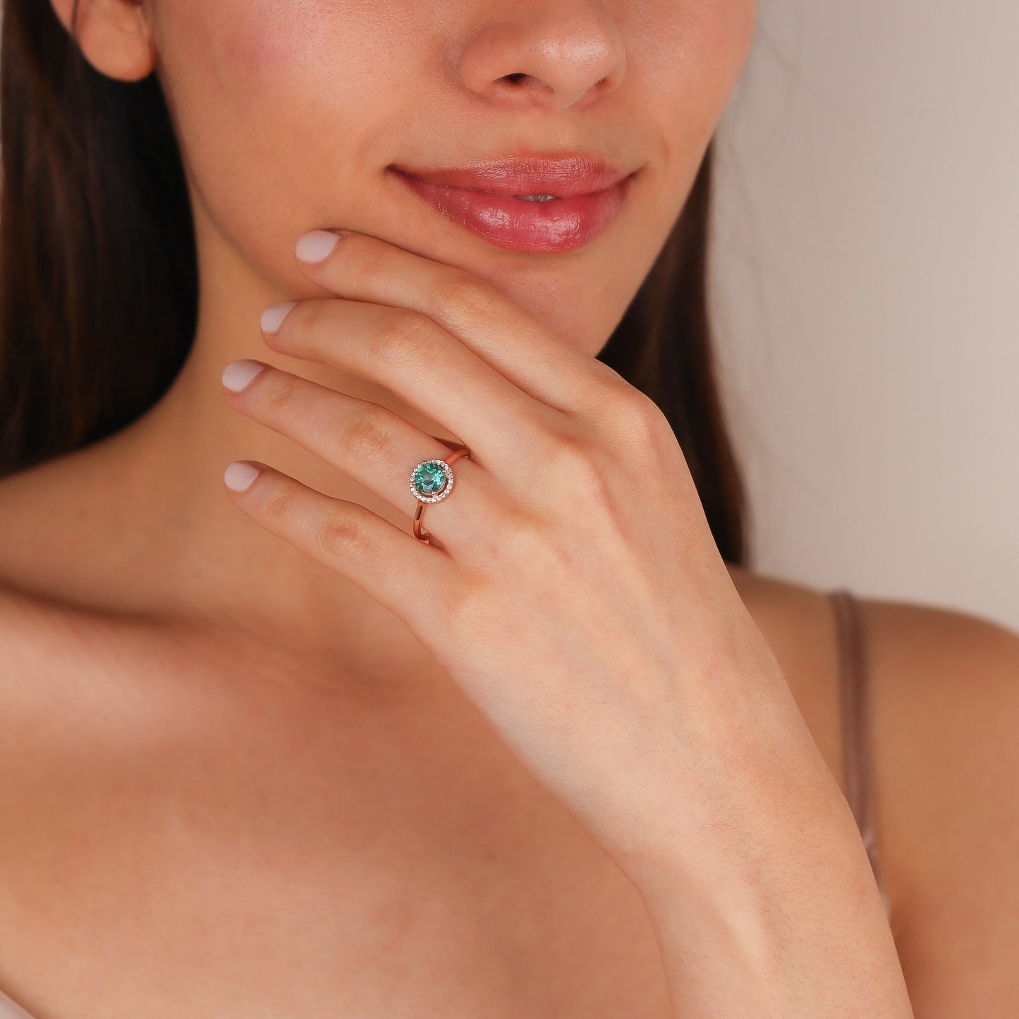 NESSA Exquisite Green Topaz Bridal Ring | Round Halo Ring with Green Gemstone