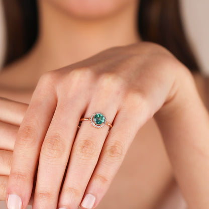 NESSA Exquisite Green Topaz Bridal Ring | Round Halo Ring with Green Gemstone