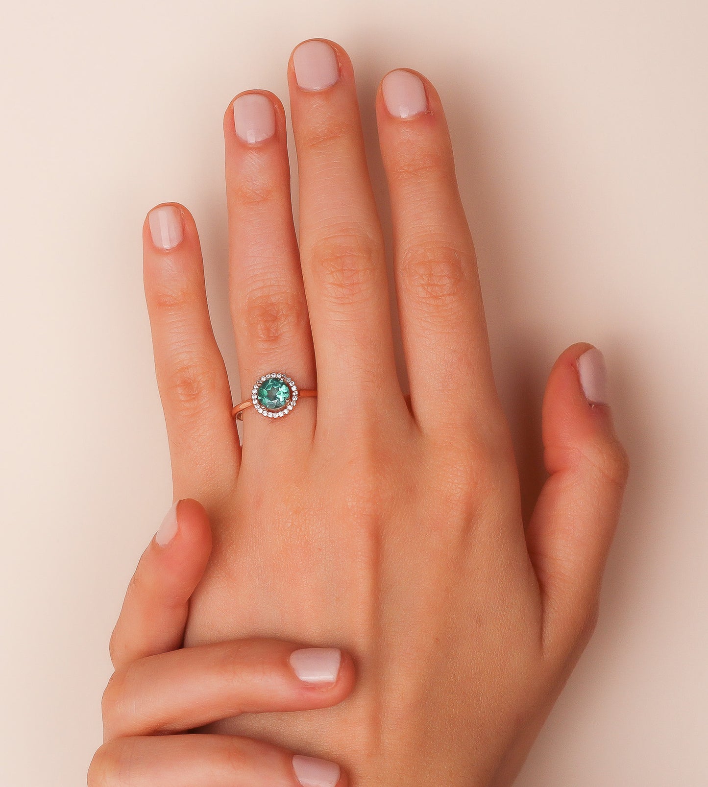 NESSA Exquisite Green Topaz Bridal Ring | Round Halo Ring with Green Gemstone