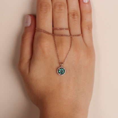 NESSA Green Topaz Halo Necklace | Silver & Gold Luxury Pendant Necklace with Diamond or CZ