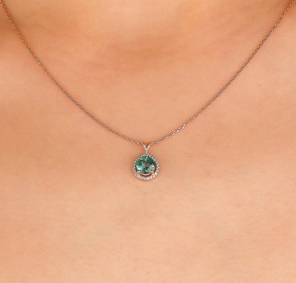 NESSA Green Topaz Halo Necklace | Silver & Gold Luxury Pendant Necklace with Diamond or CZ