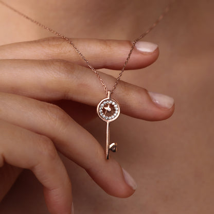 PANDOR Radiant Key Pendant Necklace | Timeless Design with Zircon or Diamond in Silver & Gold