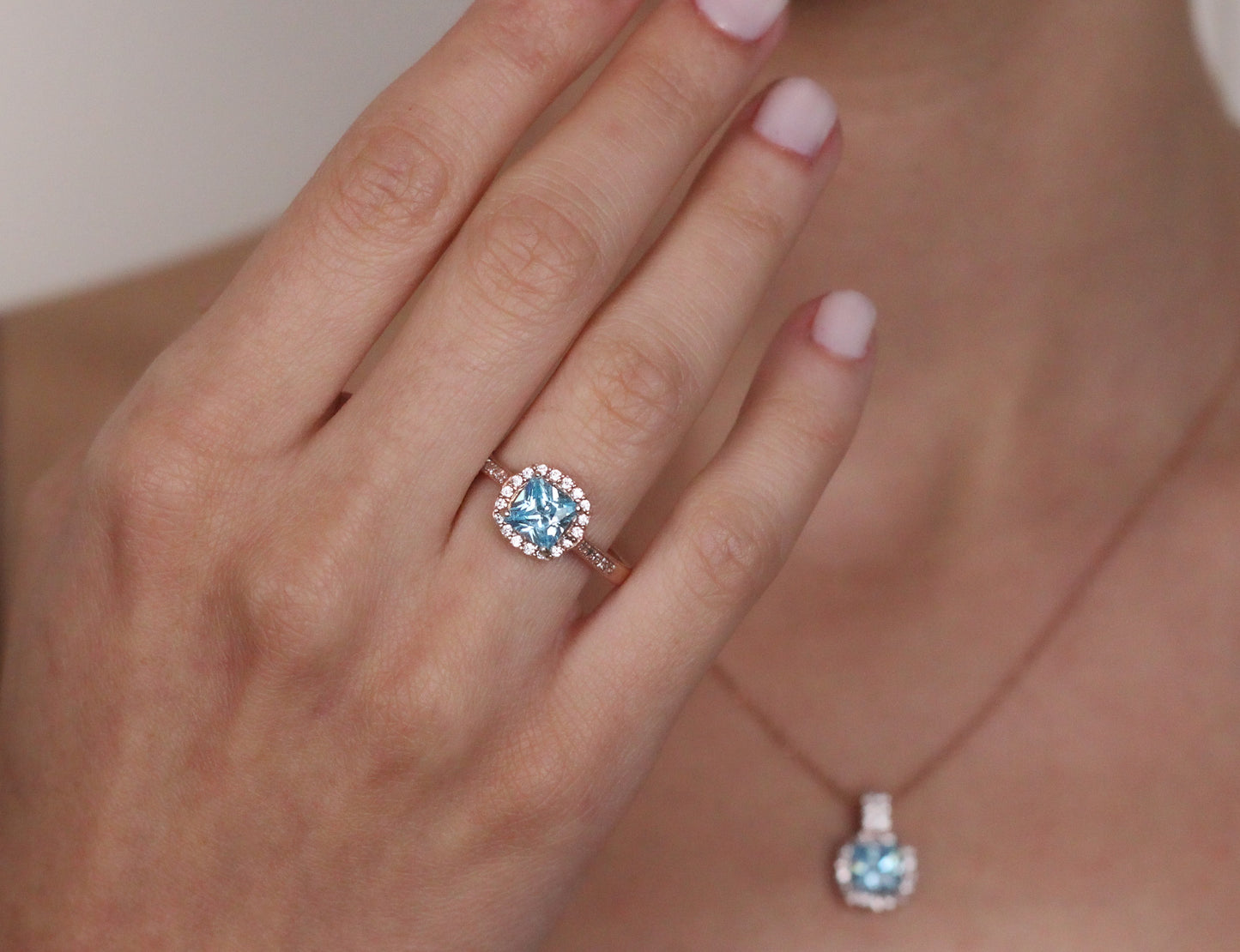 Princess Cut Blue Topaz Ring in Solid Silver & Gold | Halo Design with Zircon Stones