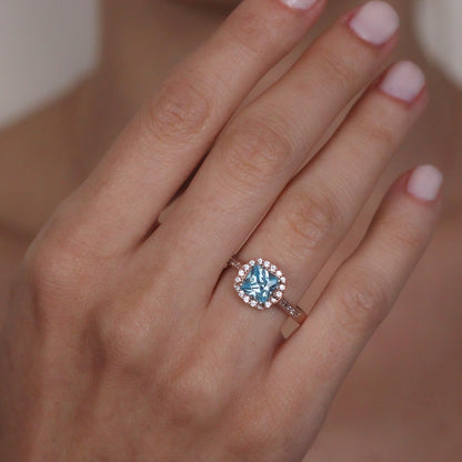 Princess Cut Blue Topaz Ring in Solid Silver & Gold | Halo Design with Zircon Stones