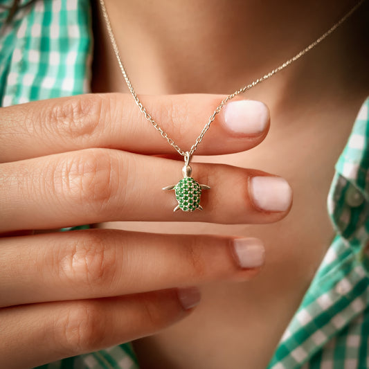 RONNIE Emerald Tortoise Necklace | Nature-Inspired Gold & Silver Gemstone Pendant