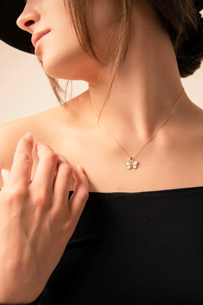 SARA White Butterfly Necklace | Elegant Enamel Pendant in Gold & Sterling Silver