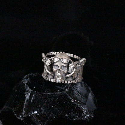 Silver Rebellious Biker-Style Skull Ring | Intricate Silver Jewelry for Men