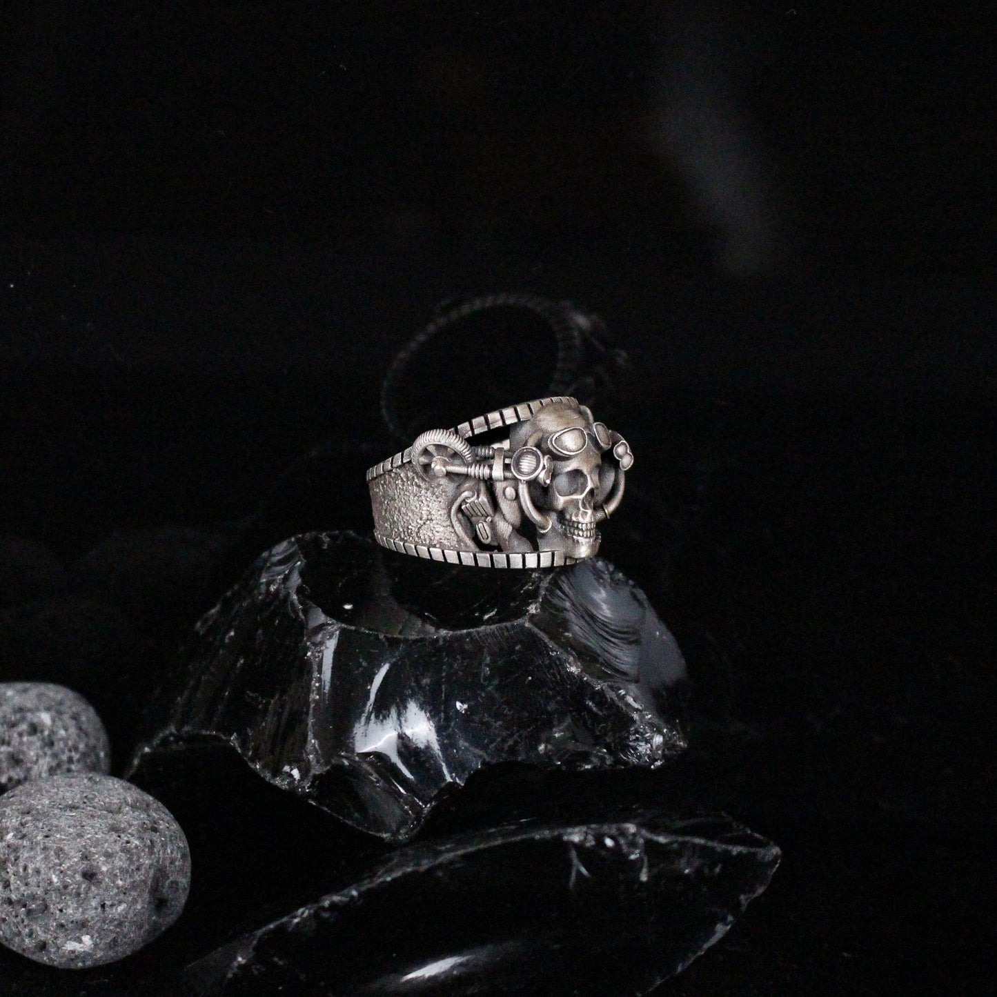 Silver Rebellious Biker-Style Skull Ring | Intricate Silver Jewelry for Men