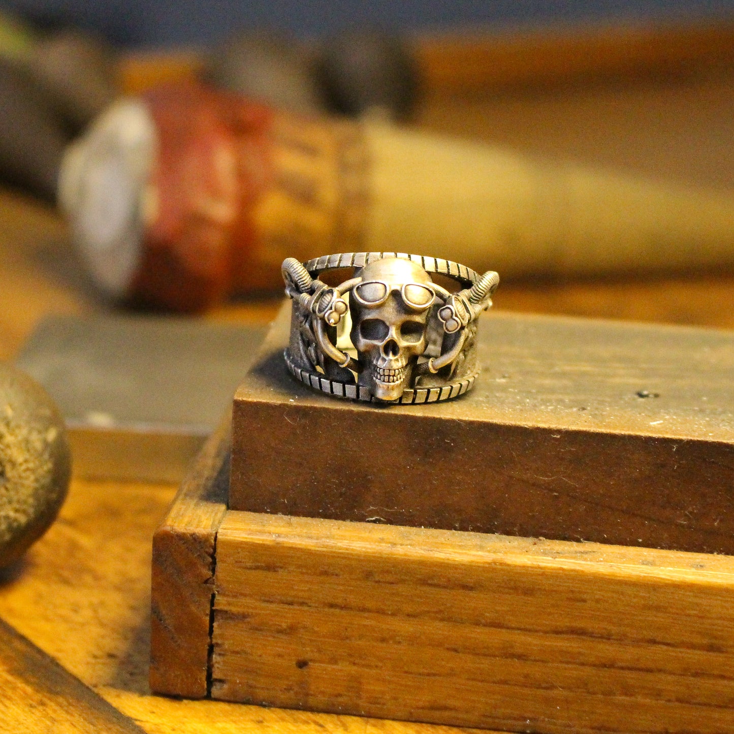 Silver Rebellious Biker-Style Skull Ring | Intricate Silver Jewelry for Men