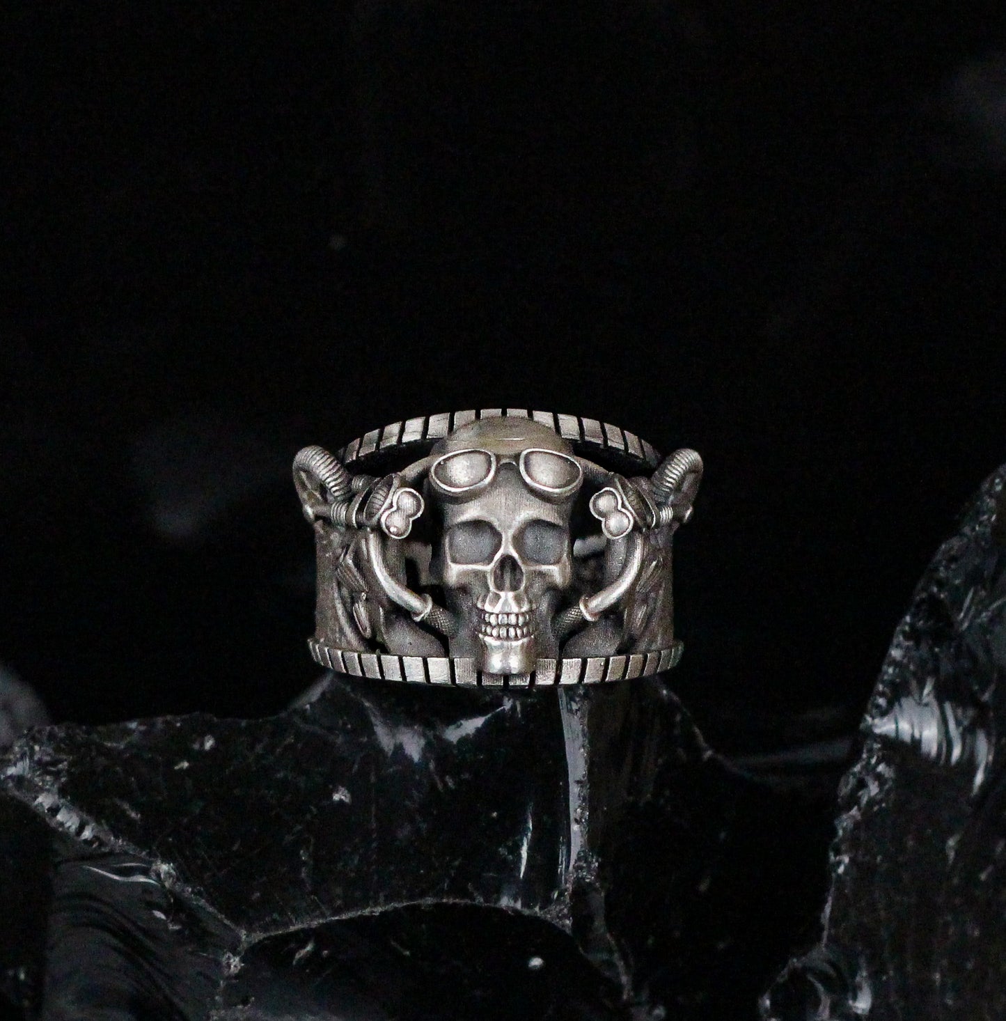 Silver Rebellious Biker-Style Skull Ring | Intricate Silver Jewelry for Men