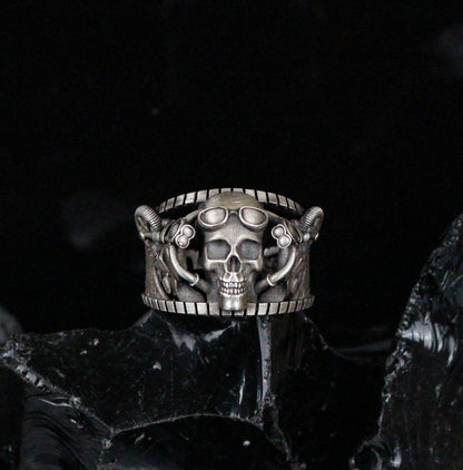 Silver Rebellious Biker-Style Skull Ring | Intricate Silver Jewelry for Men