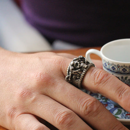 Silver Rebellious Biker-Style Skull Ring | Intricate Silver Jewelry for Men