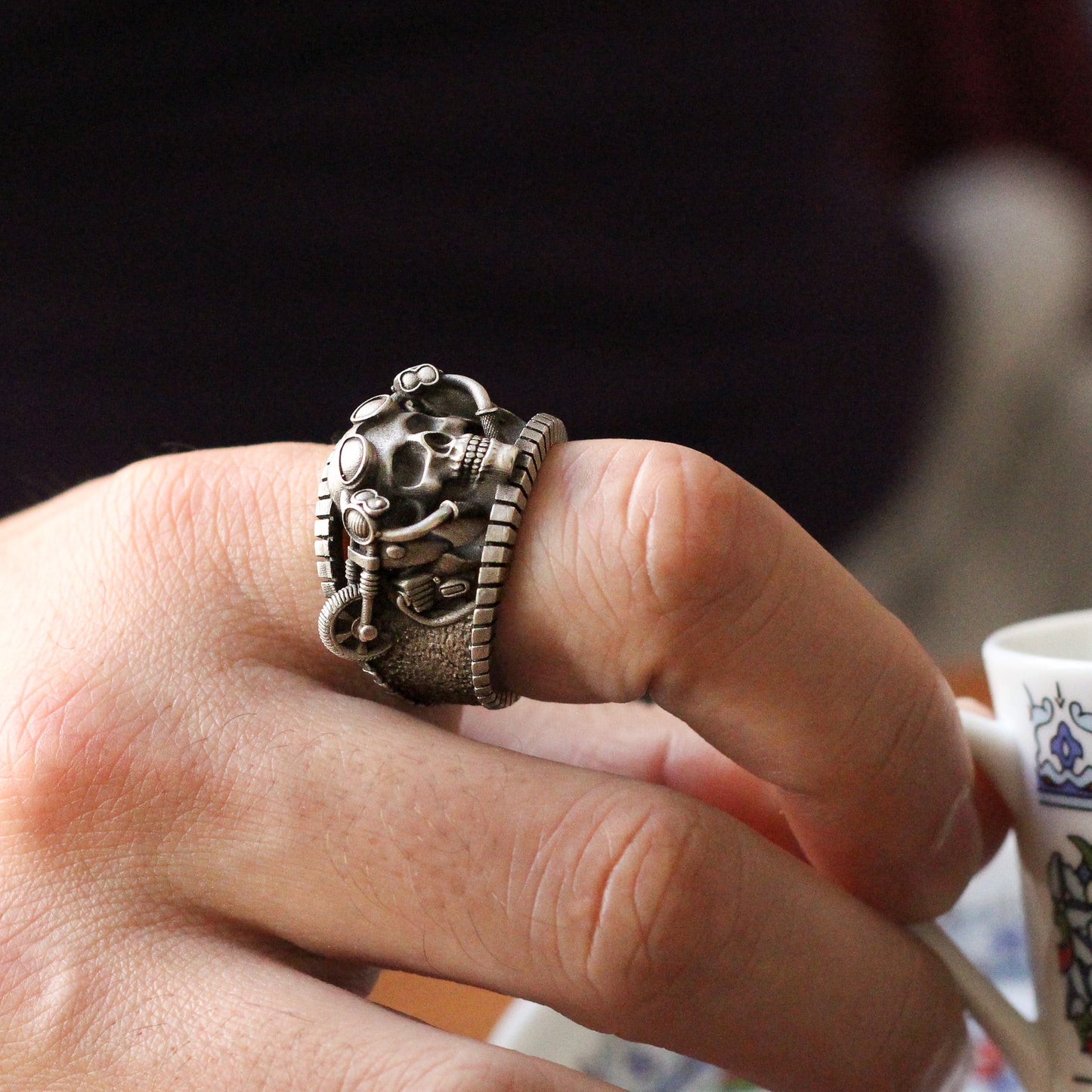 Silver Rebellious Biker-Style Skull Ring | Intricate Silver Jewelry for Men