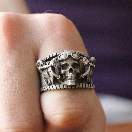 Silver Rebellious Biker-Style Skull Ring | Intricate Silver Jewelry for Men