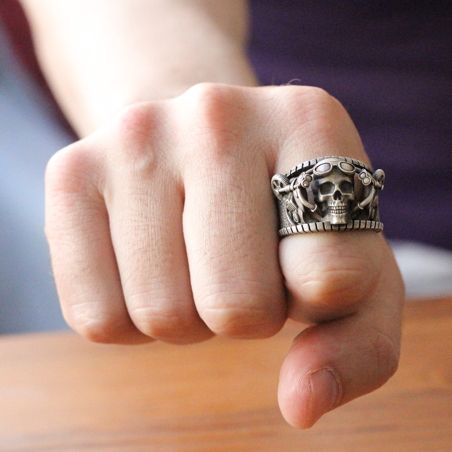 Silver Rebellious Biker-Style Skull Ring | Intricate Silver Jewelry for Men