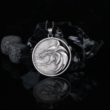 Solid Silver Wolf Men Medallion, Silver Wolf Pendant