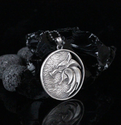 Solid Silver Wolf Men Medallion, Silver Wolf Pendant