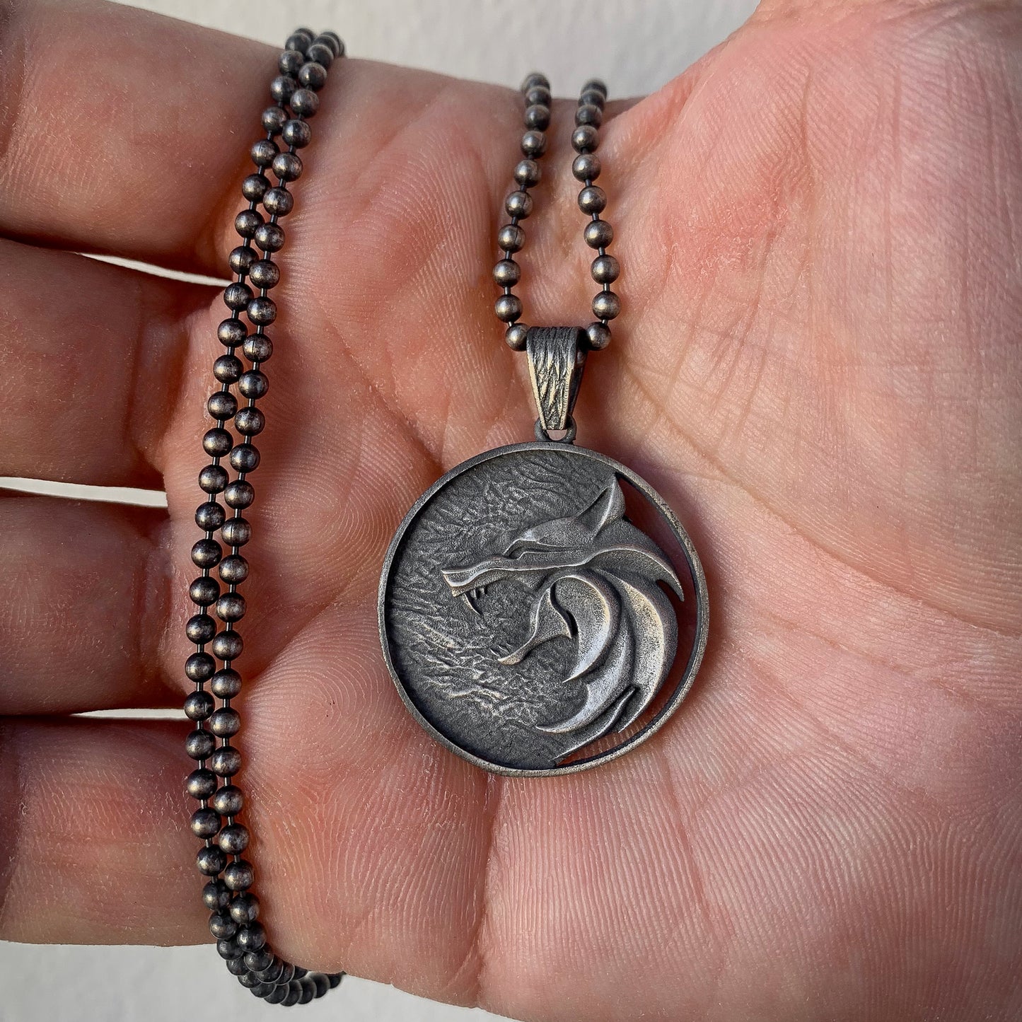 Solid Silver Wolf Men Medallion, Silver Wolf Pendant