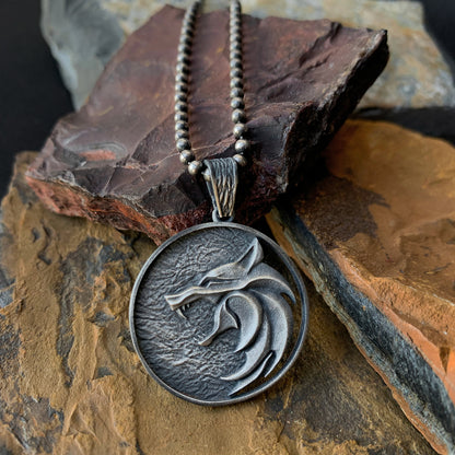 Solid Silver Wolf Men Medallion, Silver Wolf Pendant