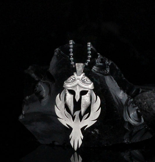 Spartan Warrior Helmet and Phoenix Necklace | 925K Sterling Silver Bold Statement Necklace