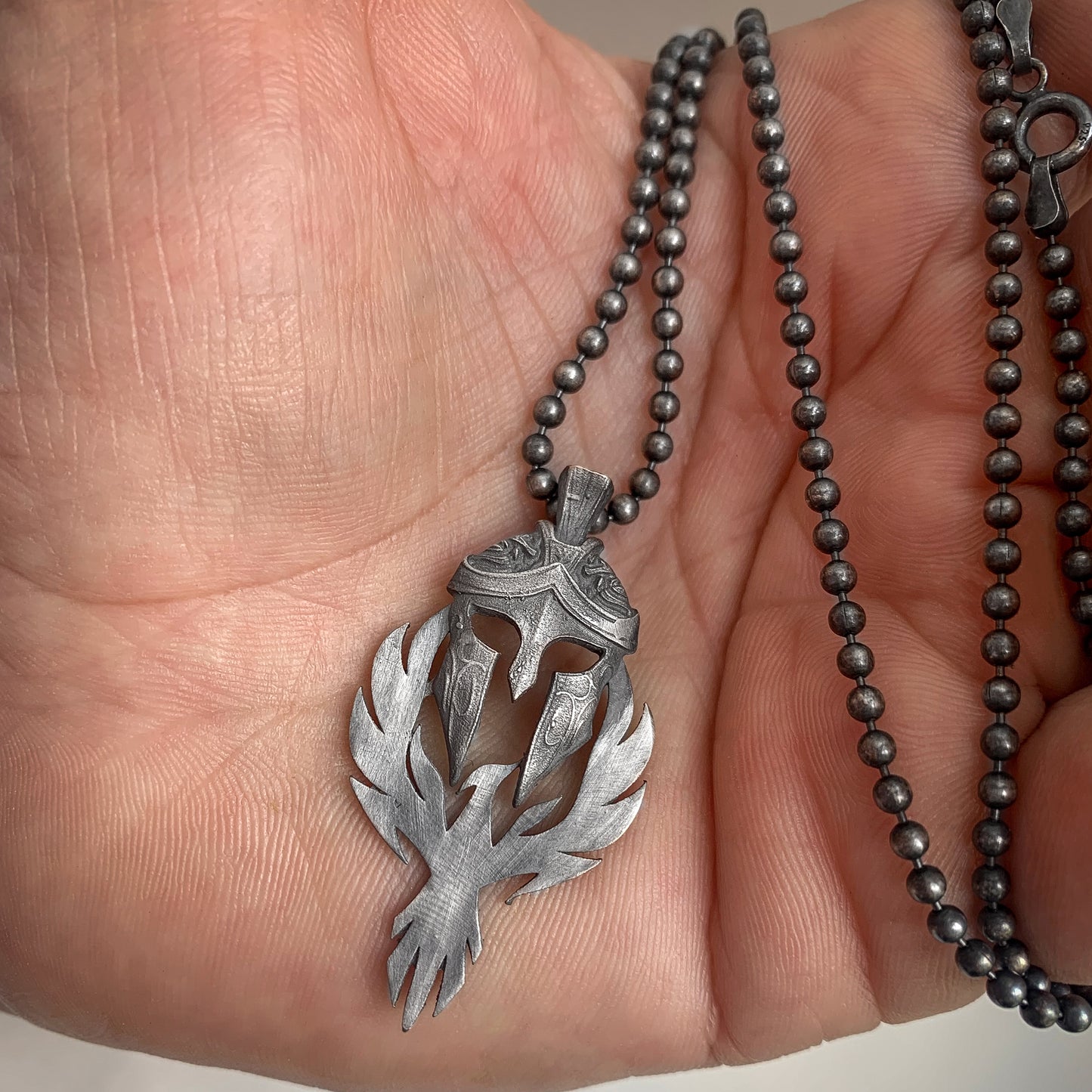 Spartan Warrior Helmet and Phoenix Necklace | 925K Sterling Silver Bold Statement Necklace