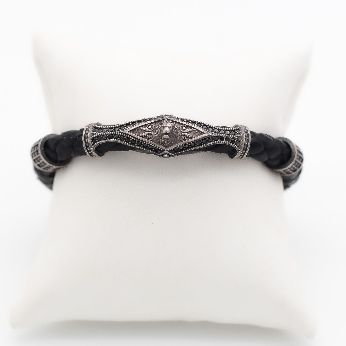 Sterling Silver and Leather Men's Bracelet with Lion Motif | Braided Leather Bracelet