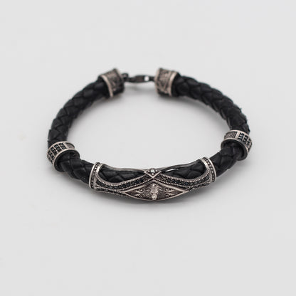 Sterling Silver and Leather Men's Bracelet with Lion Motif | Braided Leather Bracelet