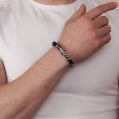 Sterling Silver and Leather Men's Bracelet with Lion Motif | Braided Leather Bracelet