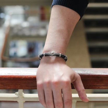 Sterling Silver and Leather Men's Bracelet with Lion Motif | Braided Leather Bracelet