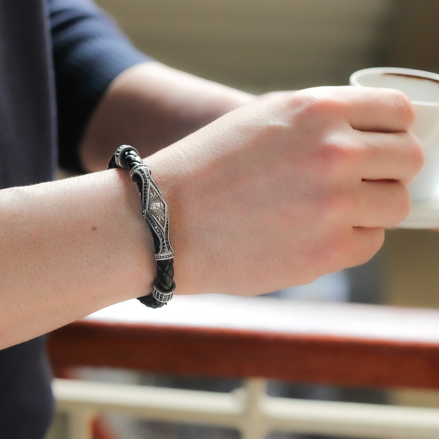 Sterling Silver and Leather Men's Bracelet with Lion Motif | Braided Leather Bracelet