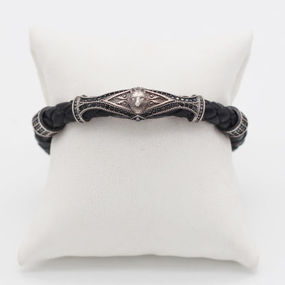 Sterling Silver and Leather Wolf Men's Bracelet | Bold Design with Zircon Accents