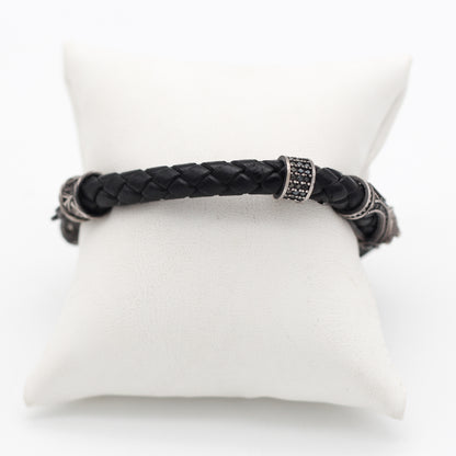 Sterling Silver and Leather Wolf Men's Bracelet | Bold Design with Zircon Accents