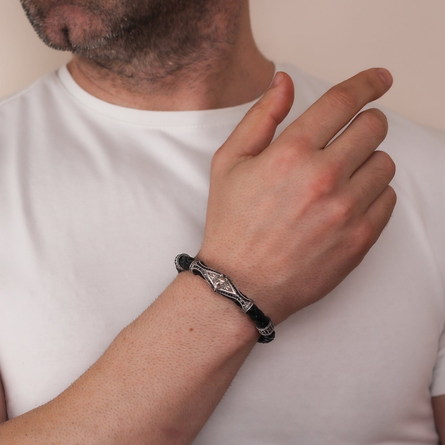 Sterling Silver and Leather Wolf Men's Bracelet | Bold Design with Zircon Accents