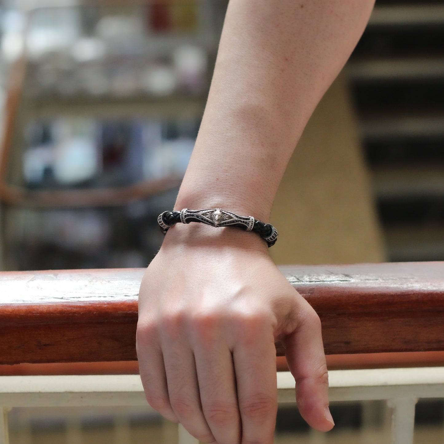 Sterling Silver and Leather Wolf Men's Bracelet | Bold Design with Zircon Accents