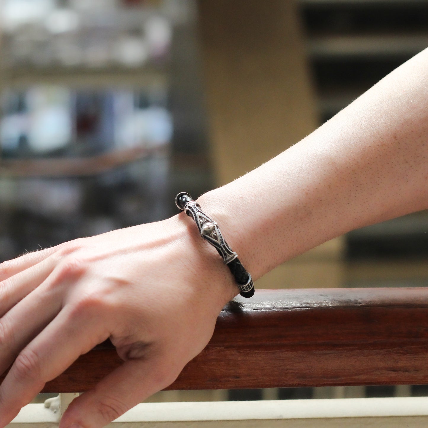 Sterling Silver and Leather Wolf Men's Bracelet | Bold Design with Zircon Accents