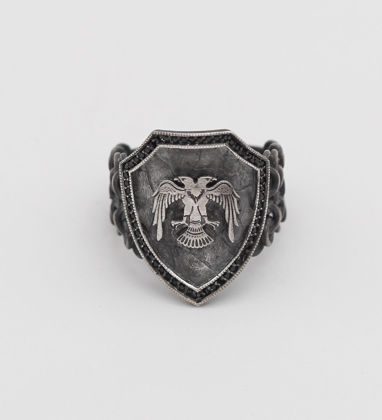 Sterling Silver Double-Headed Eagle Shield Ring for Men | Handmade Brutalist Ring Men