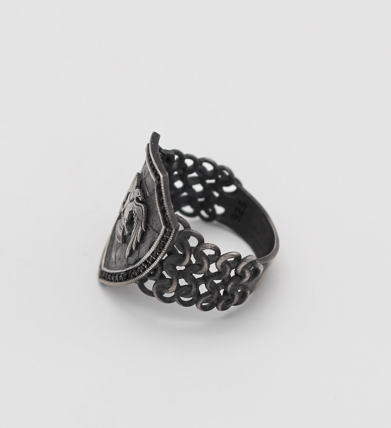 Sterling Silver Double-Headed Eagle Shield Ring for Men | Handmade Brutalist Ring Men