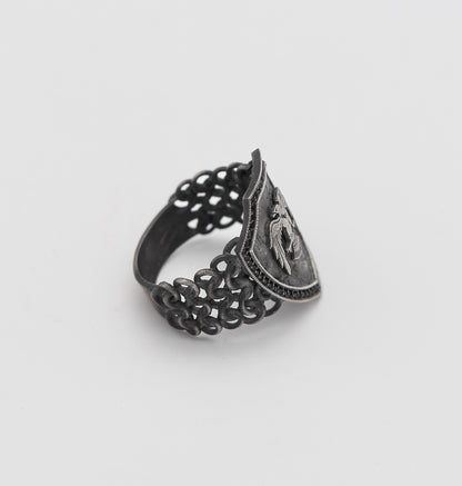 Sterling Silver Double-Headed Eagle Shield Ring for Men | Handmade Brutalist Ring Men