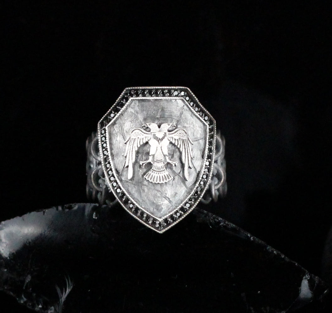 Sterling Silver Double-Headed Eagle Shield Ring for Men | Handmade Brutalist Ring Men