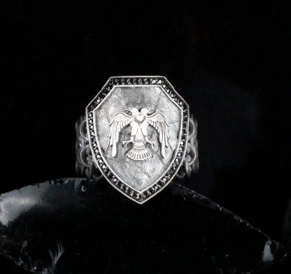 Sterling Silver Double-Headed Eagle Shield Ring for Men | Handmade Brutalist Ring Men