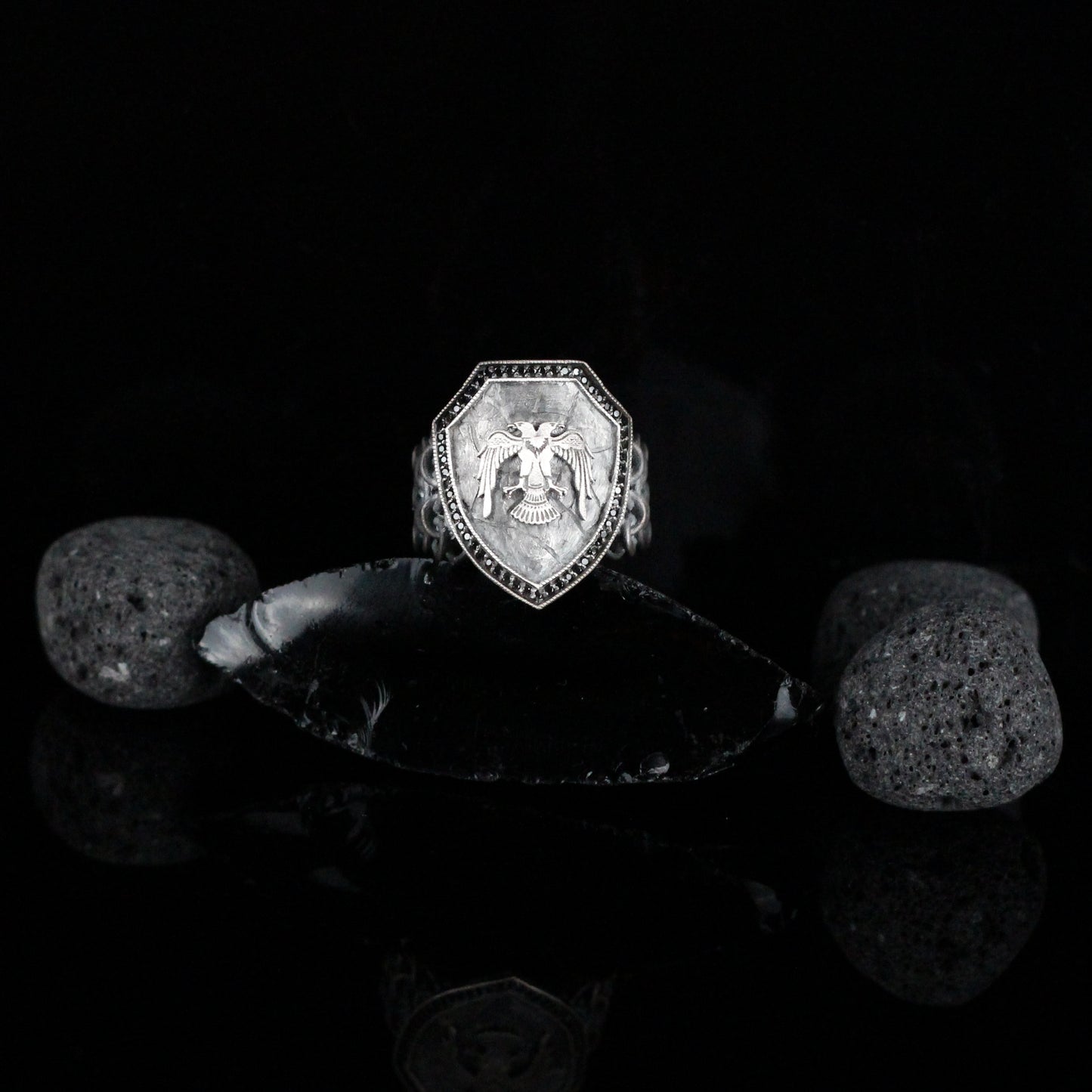 Sterling Silver Double-Headed Eagle Shield Ring for Men | Handmade Brutalist Ring Men