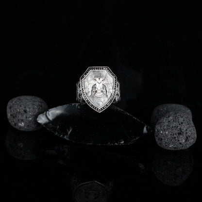 Sterling Silver Double-Headed Eagle Shield Ring for Men | Handmade Brutalist Ring Men