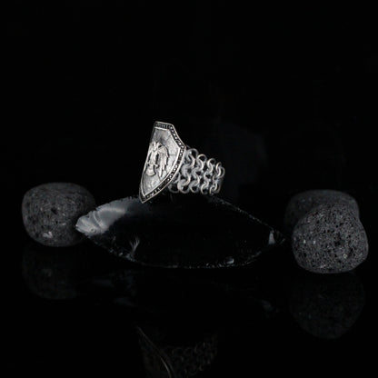 Sterling Silver Double-Headed Eagle Shield Ring for Men | Handmade Brutalist Ring Men