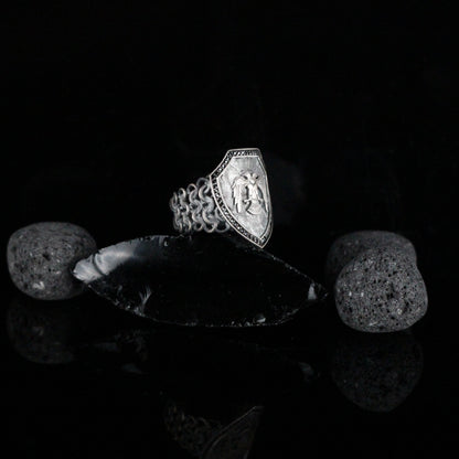 Sterling Silver Double-Headed Eagle Shield Ring for Men | Handmade Brutalist Ring Men