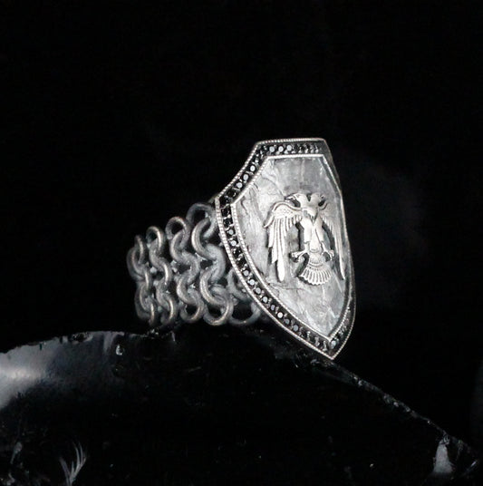 Sterling Silver Double-Headed Eagle Shield Ring for Men | Handmade Brutalist Ring Men