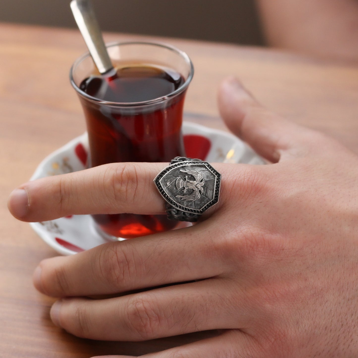 Sterling Silver Double-Headed Eagle Shield Ring for Men | Handmade Brutalist Ring Men