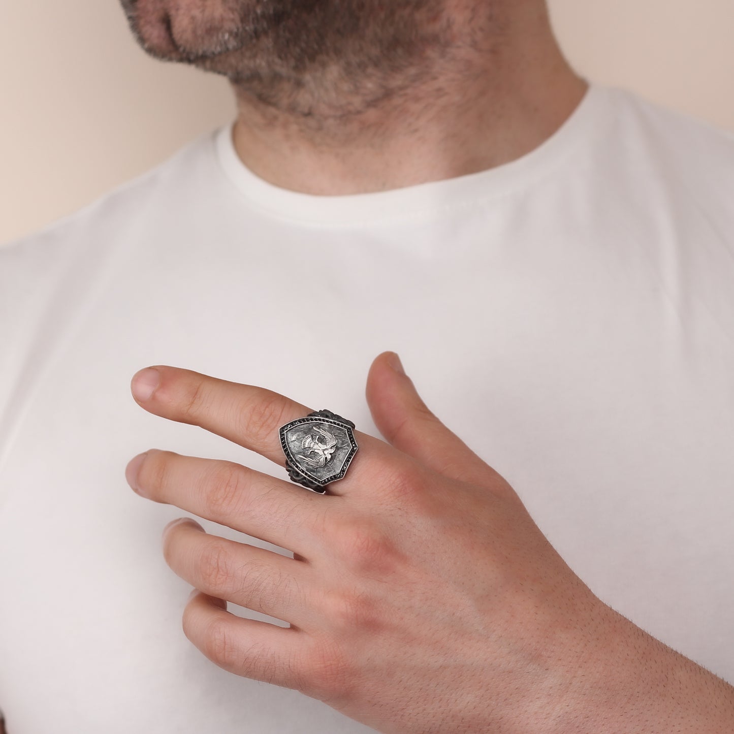 Sterling Silver Double-Headed Eagle Shield Ring for Men | Handmade Brutalist Ring Men