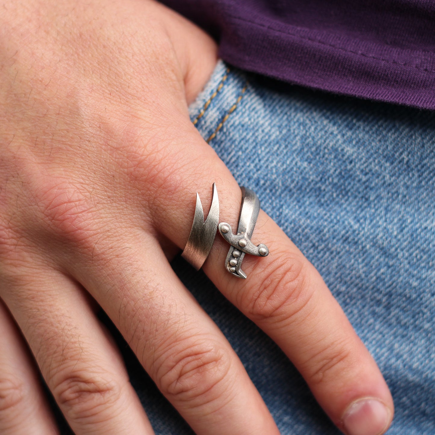 Sterling Silver Large Sword Ring | Bold and Artistic Adjustable Design for Men