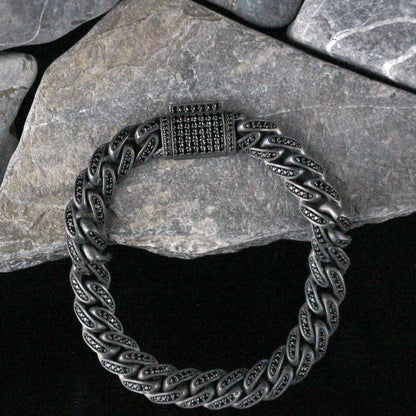 Sterling Silver Men's Bracelet with Black Zircon Stones | Bold and Refined Design Jewelry