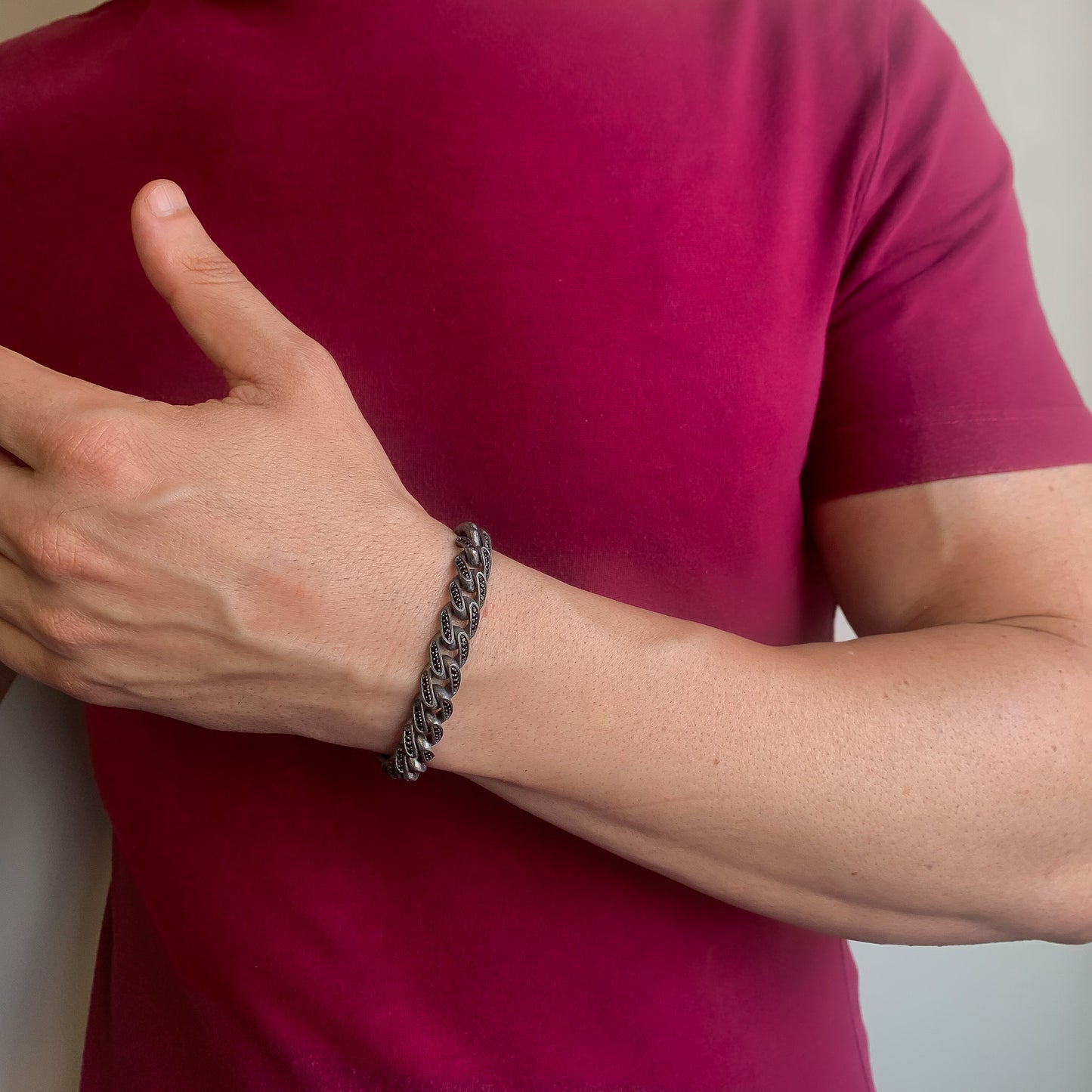 Sterling Silver Men's Bracelet with Black Zircon Stones | Bold and Refined Design Jewelry